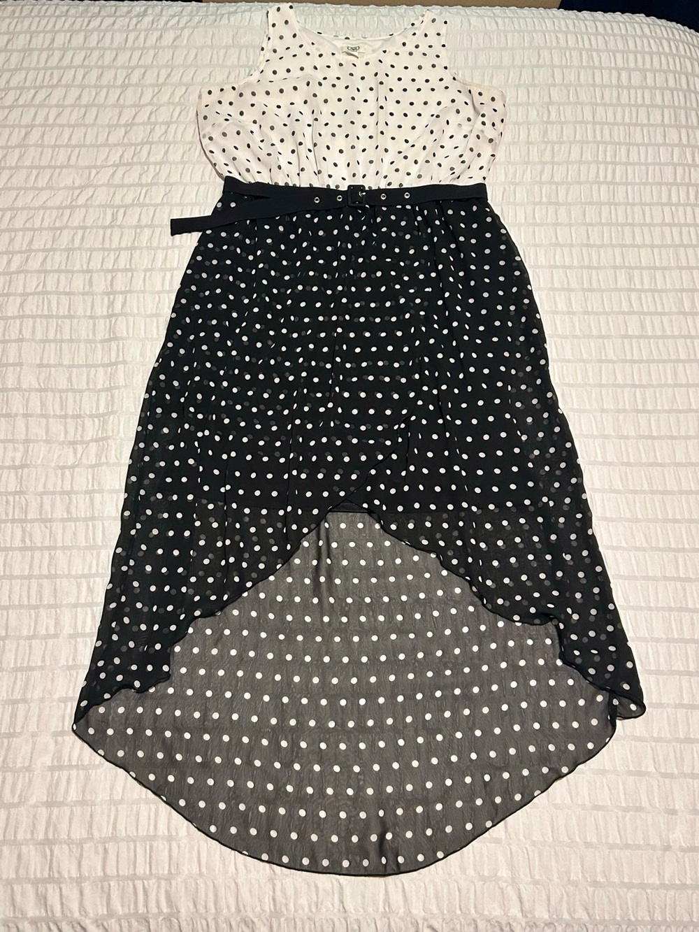 Cato Polka Dot High-Low Skirt Dress with Belt - Black & White